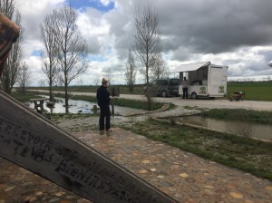Mobile coffee shop and site of mishap for one pilgrim